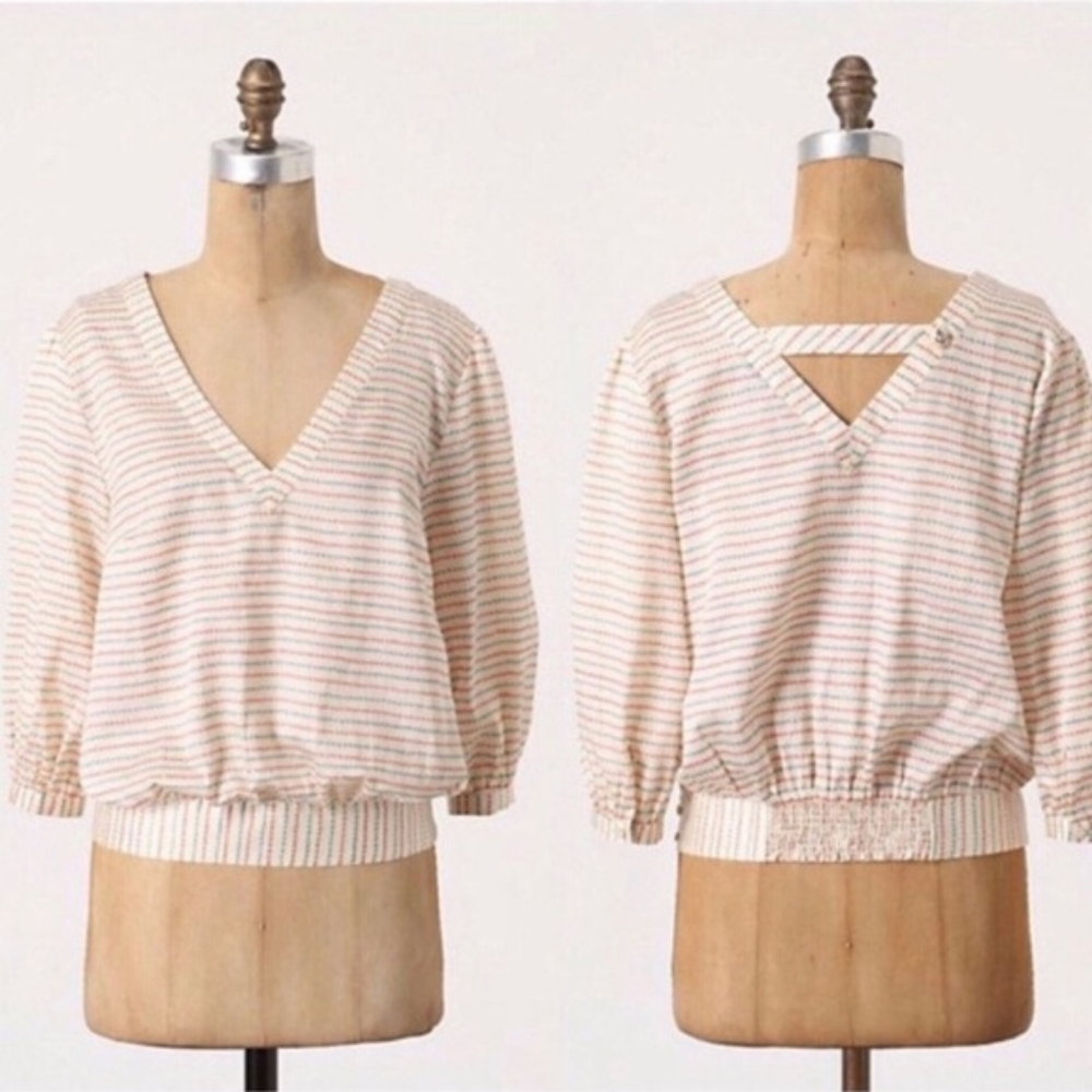 Anthropologie V-Neck Blouse Ivory Print Size 2